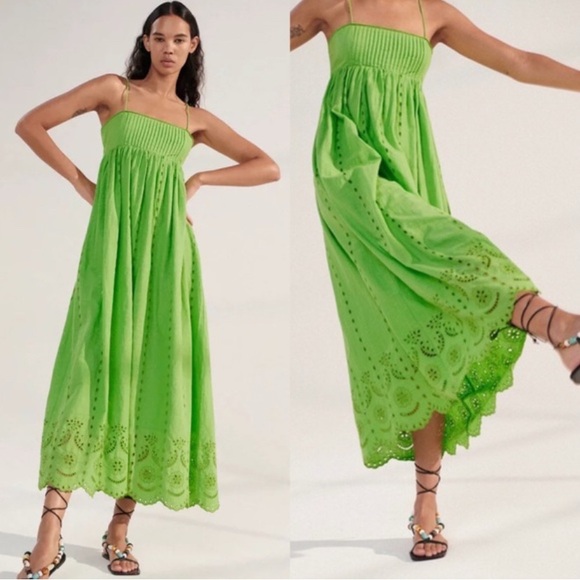 Zara Dresses & Skirts - Zara Lime Green Eyelet Maxi Dress